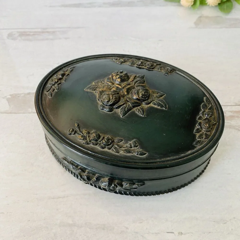 Vintage Victorian Revival Imitation Jet Carved Roses Jewelry Box Black Gothic